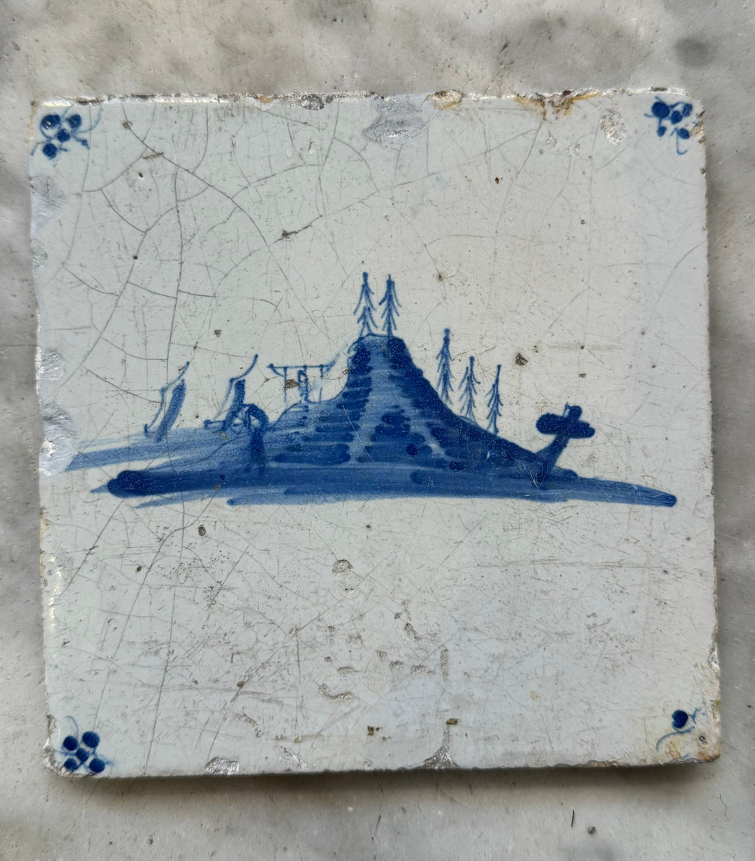 T68)17 th century tile with island and gallows