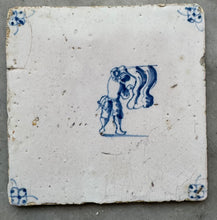 Load image into Gallery viewer, T95)18 th century delft tile with chills playing with a flag

