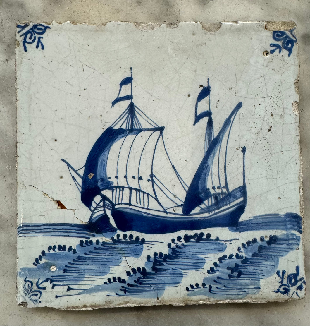 T65)17 th century delft tile with ship