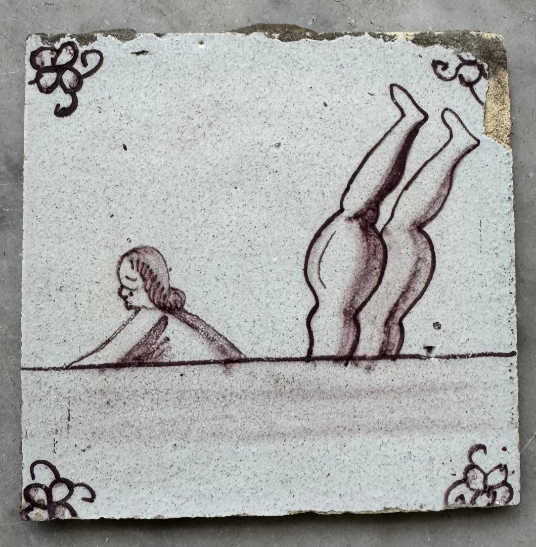 T96)2 children swimming, 18 th century delft tile