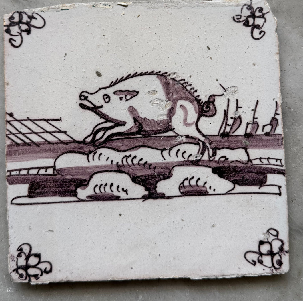 T94)delft 18 th century tile with pig/ wild boar