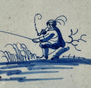 T48) 17th century delft tile with smoking fisherman