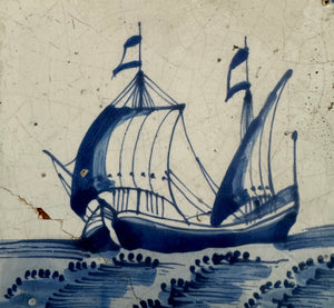 T65)17 th century delft tile with ship