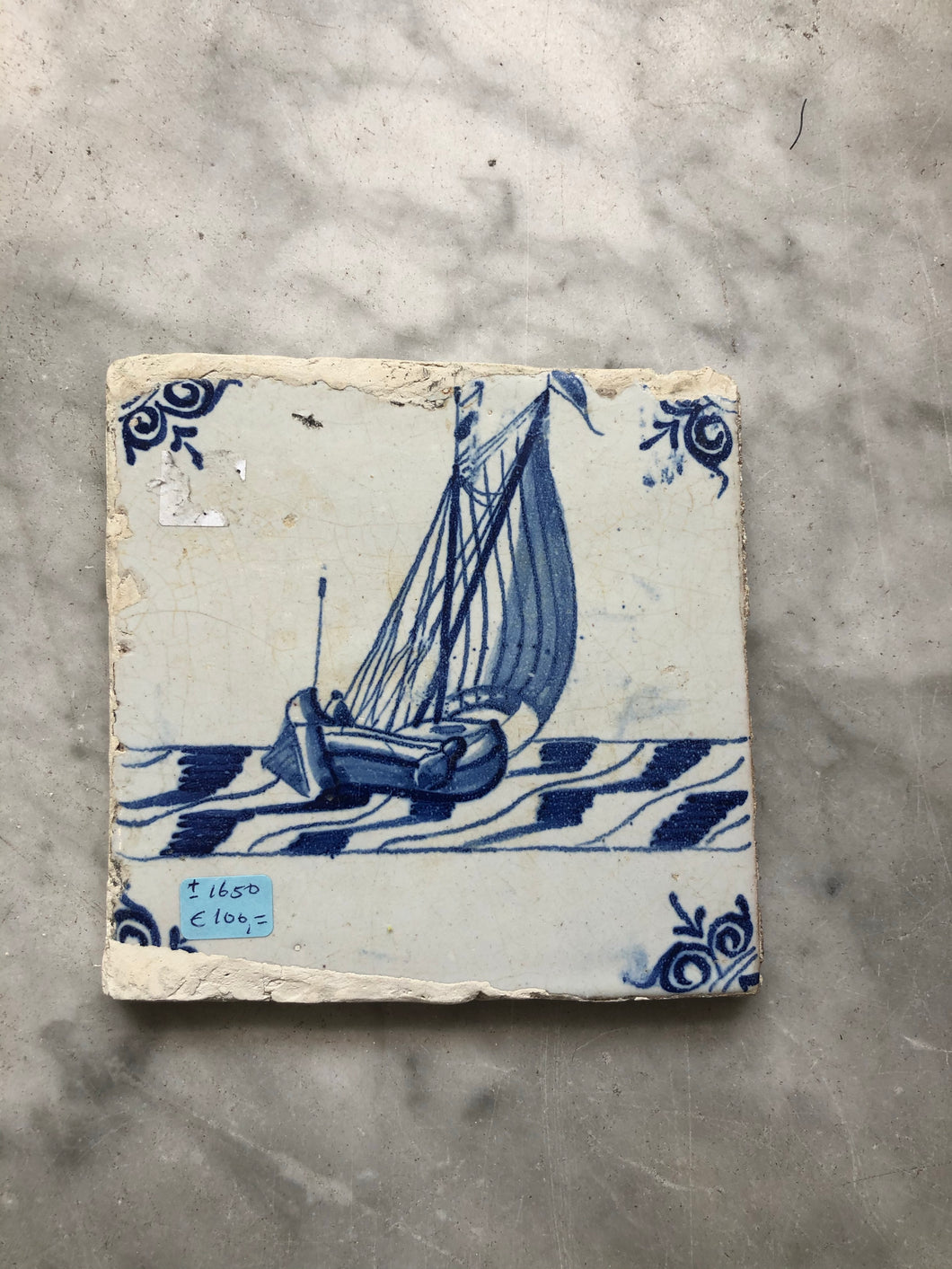 Handpainted dutch delft tile with ship
