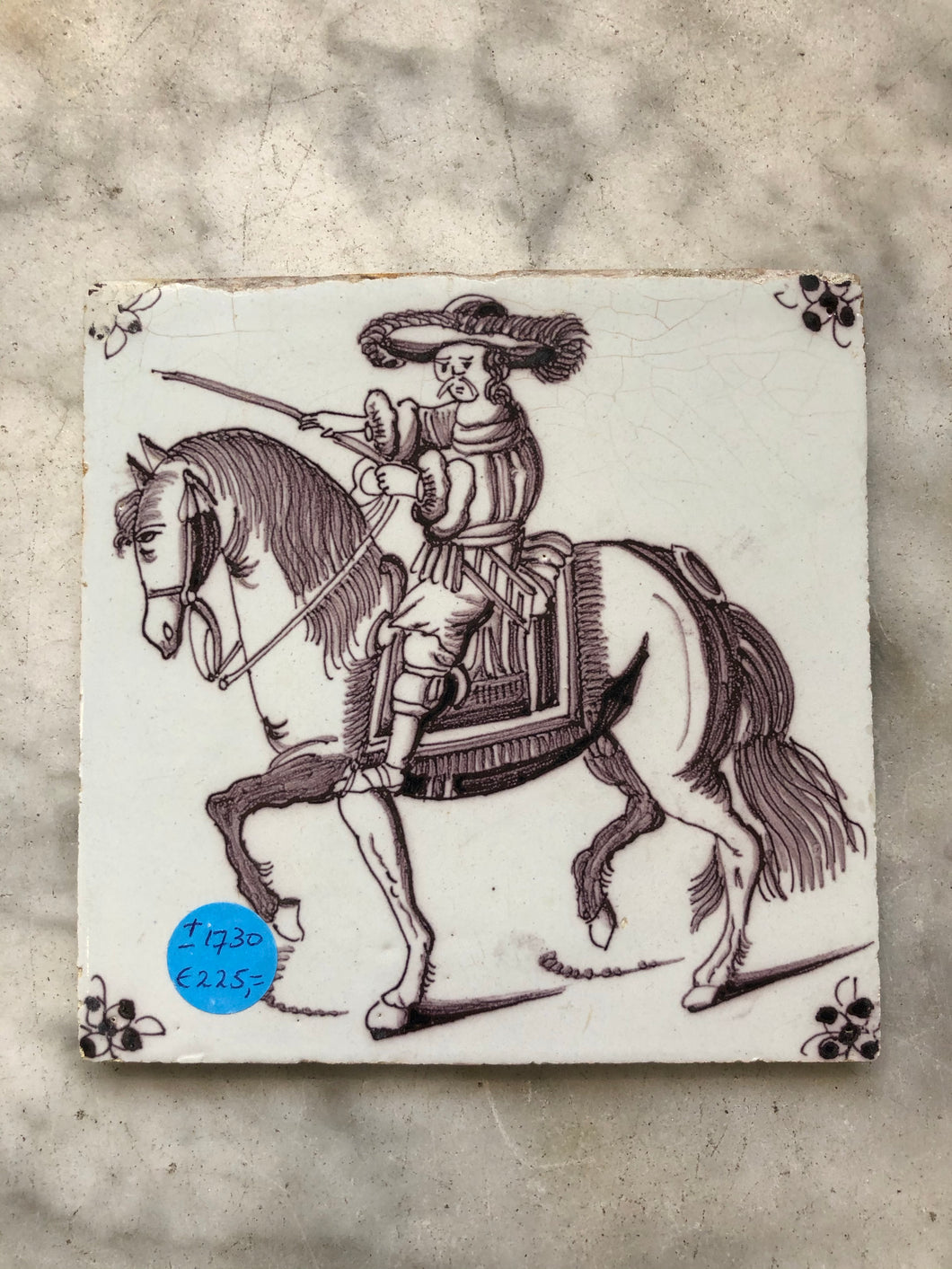 Very rare manganese handpainted dutch delft tile with nobleman