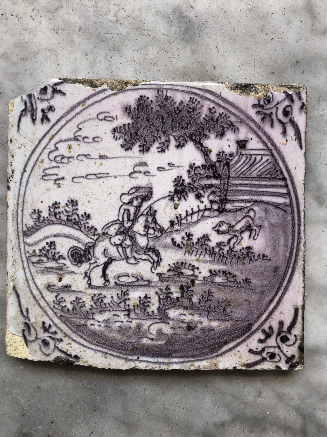 Early 18 th century delft tile with landscape
