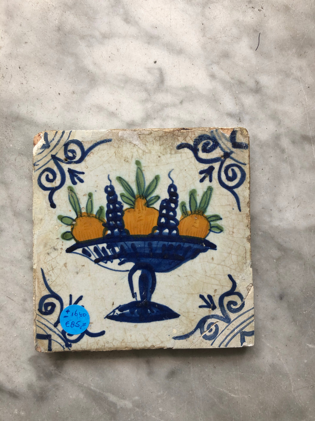 Polychrome handpainted dutch delft tile with fruit