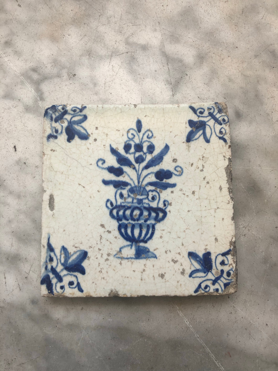 17 th century delft handpainted dutch tile with flowervase