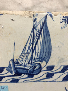 Handpainted dutch delft tile with ship