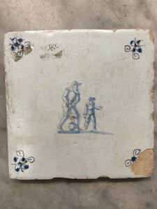17th century rare Delft handpainted dutch tile with boy and father