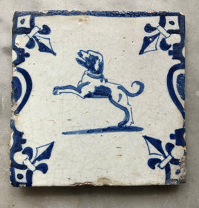 17 th century delft handpainted dutch tile with dog