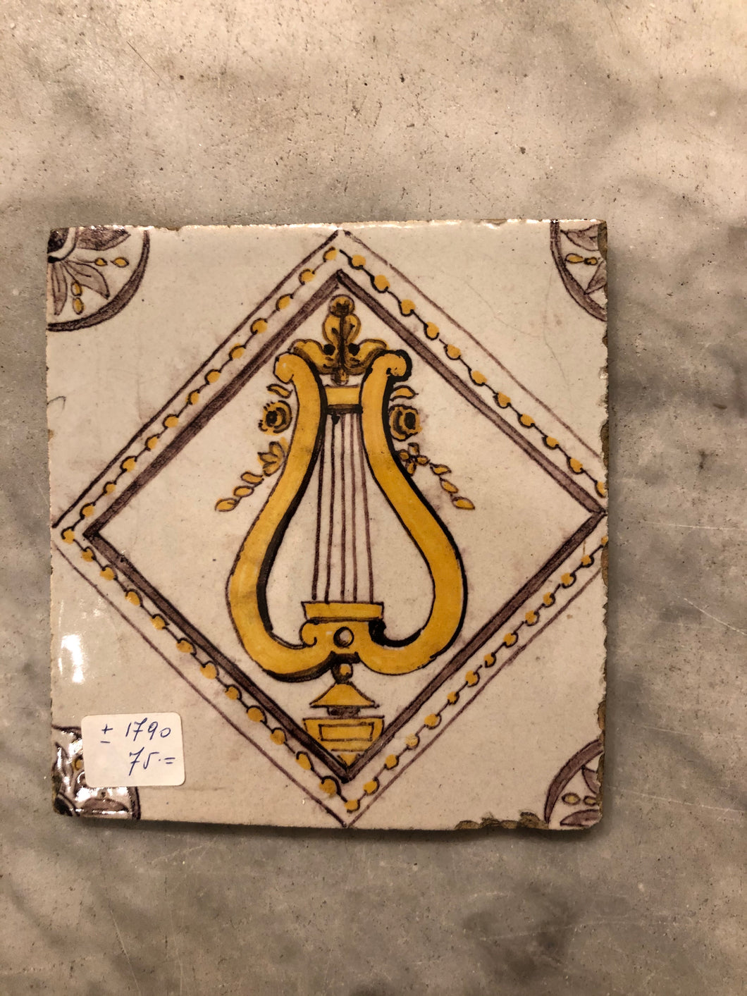 Rare late 18 th century delft tile with harp