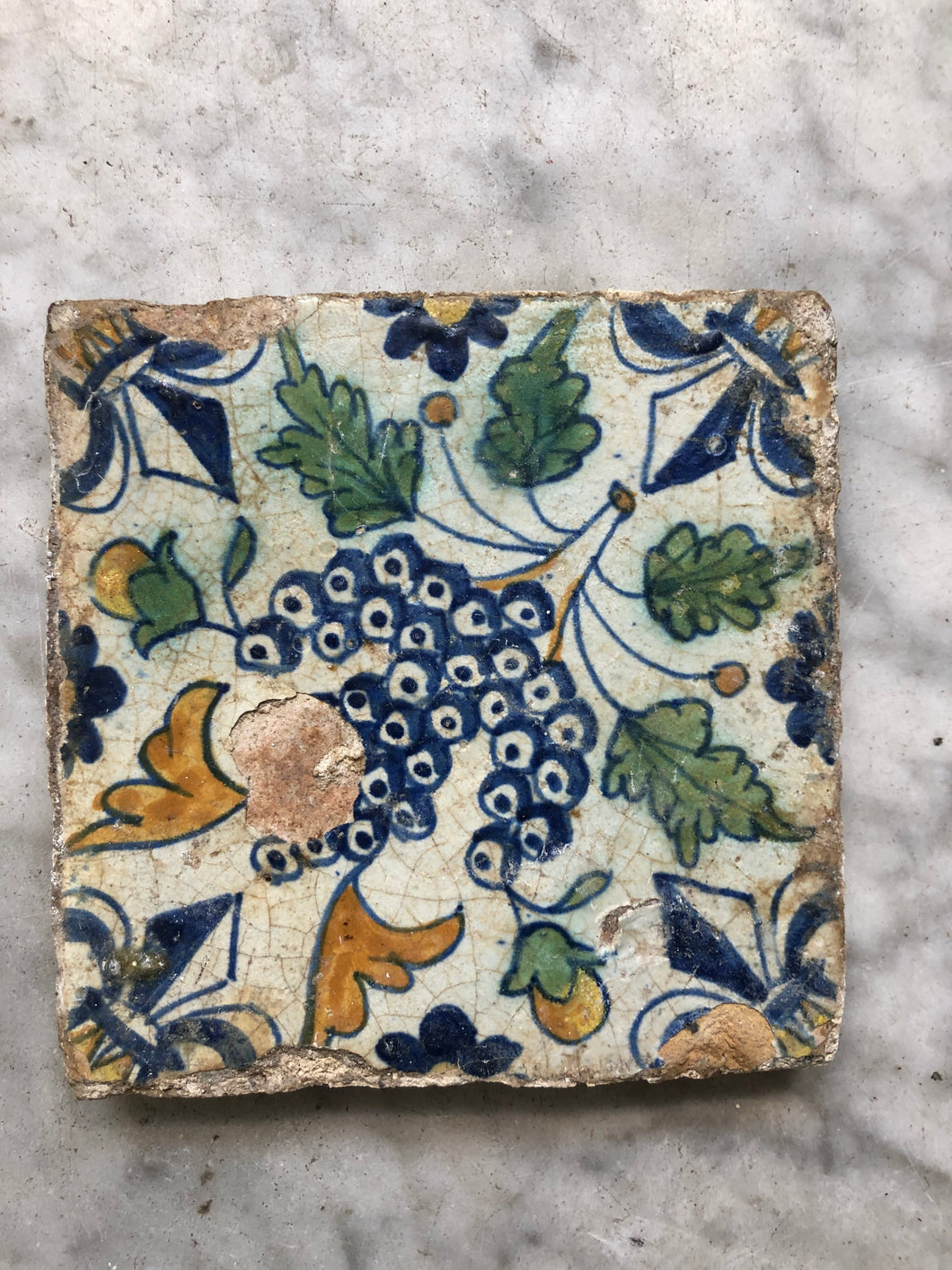 17 th century polychrome delft tile with grapes