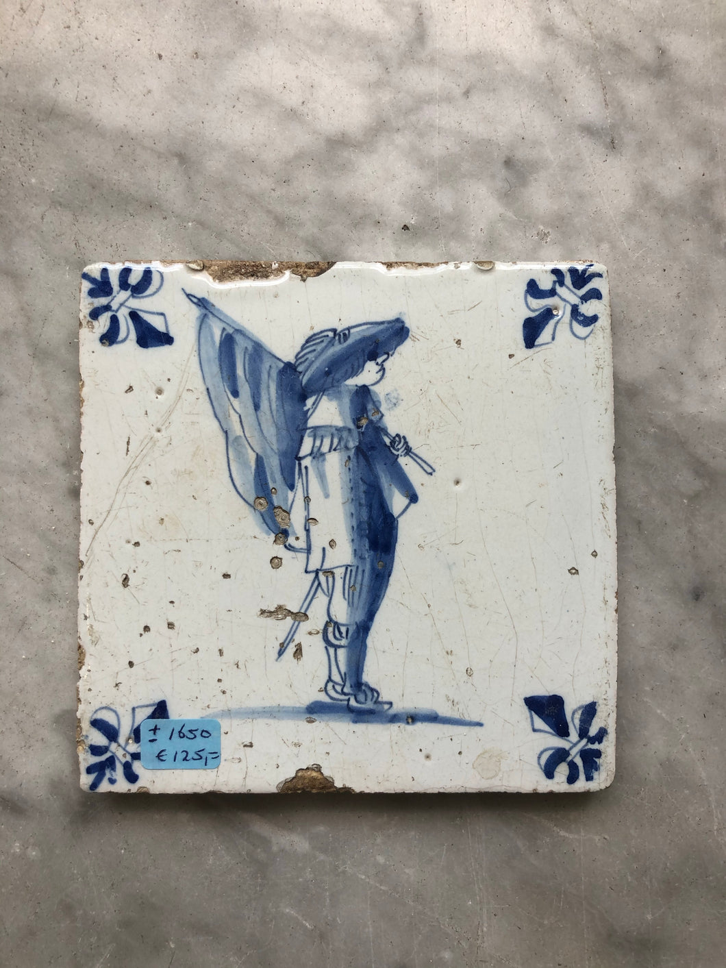 Handpainted dutch delft tile 17 th century with soldier