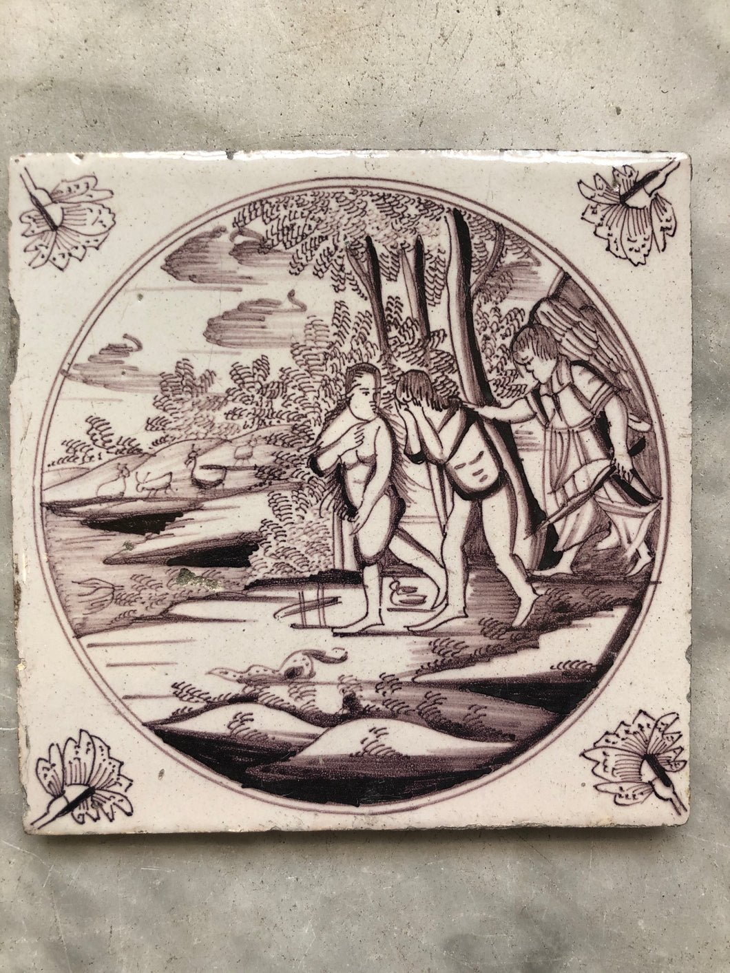 18 th century delft tile with Adam and Eve